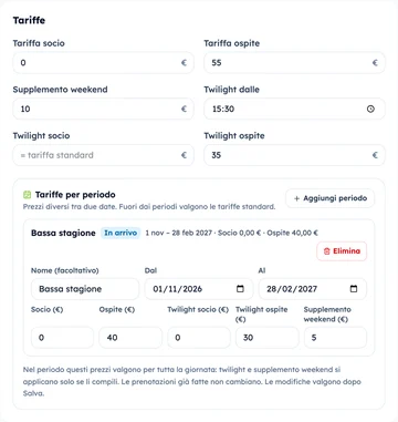 Dashboard ASMO: tariffe socio, ospite e twilight con una tariffa di bassa stagione