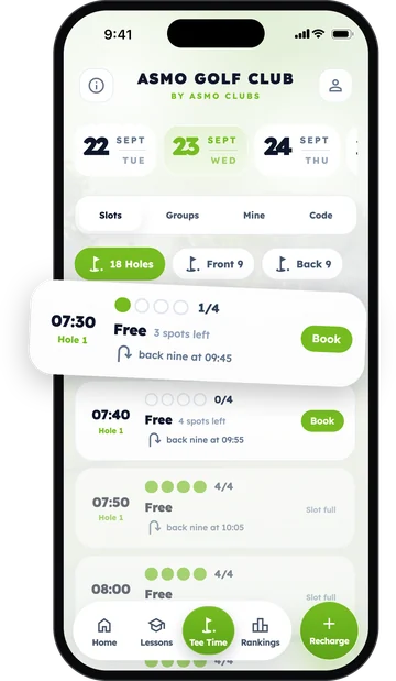 Partenze disponibili nell'app con la scelta del percorso: 18 buche, prime nove o seconde nove